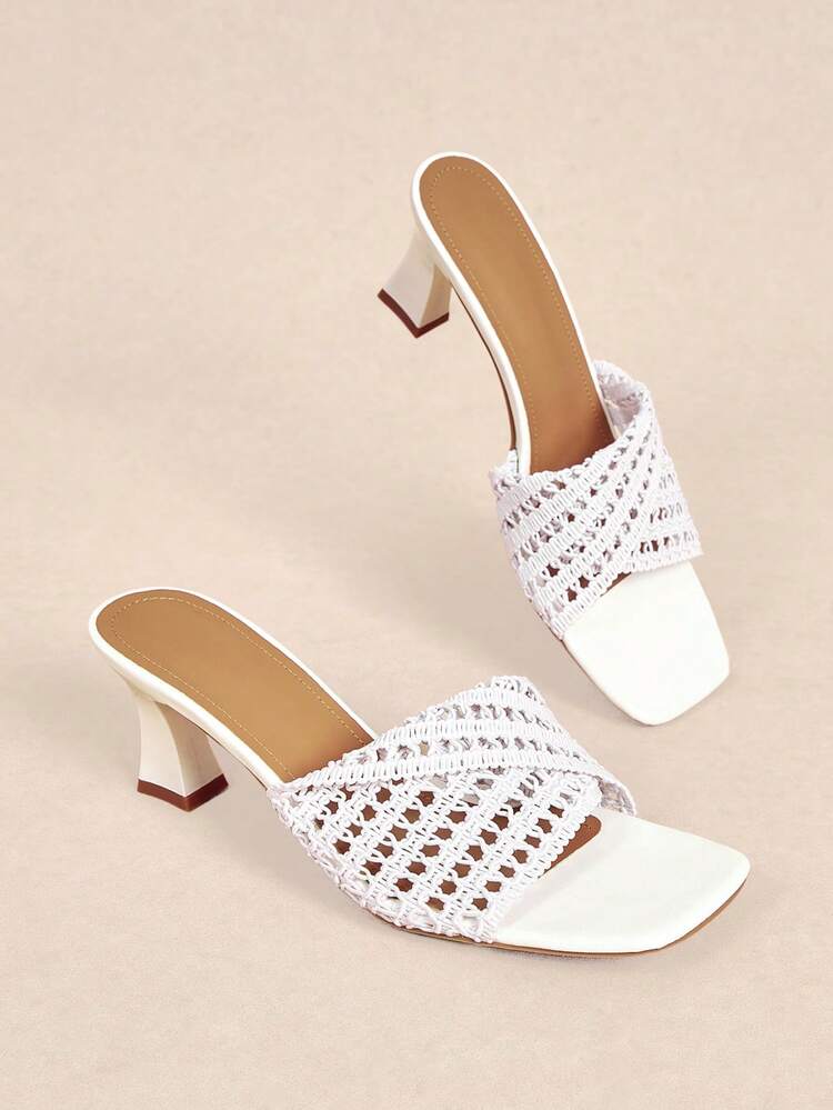 Rosivie Summer Hollow Woven Cross Sandals White Square Toe Trapezoidal Fine Heel Wear High Heel Mules Temperament Commuter Women's Sandals - pure white - View 2