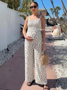 MaterniWear Maternity Casual Vacation Style Ditsy Floral Shirred Bodice Spaghetti Strap Wide Leg Jumpsuit - White - View 8