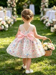 SHEIN Glamorique Kids 女嬰無袖洋裝，蕾絲面料搭配彩色碎花印花，背面可拆卸粉色緞面蝴蝶結，適合生日派對、家庭聚會、拍照、日常度假、婚禮、畢業舞會，夏季短洋裝 - 米色 - 查看 4
