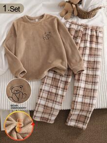 SHEIN 2pcs/Set Men's Round Neck Bear Embroidery Plaid Print Fuzzy Casual Long Sleeve Pants Warm Soft Fleece Loungewear Set Autumn - Apricot - View 1