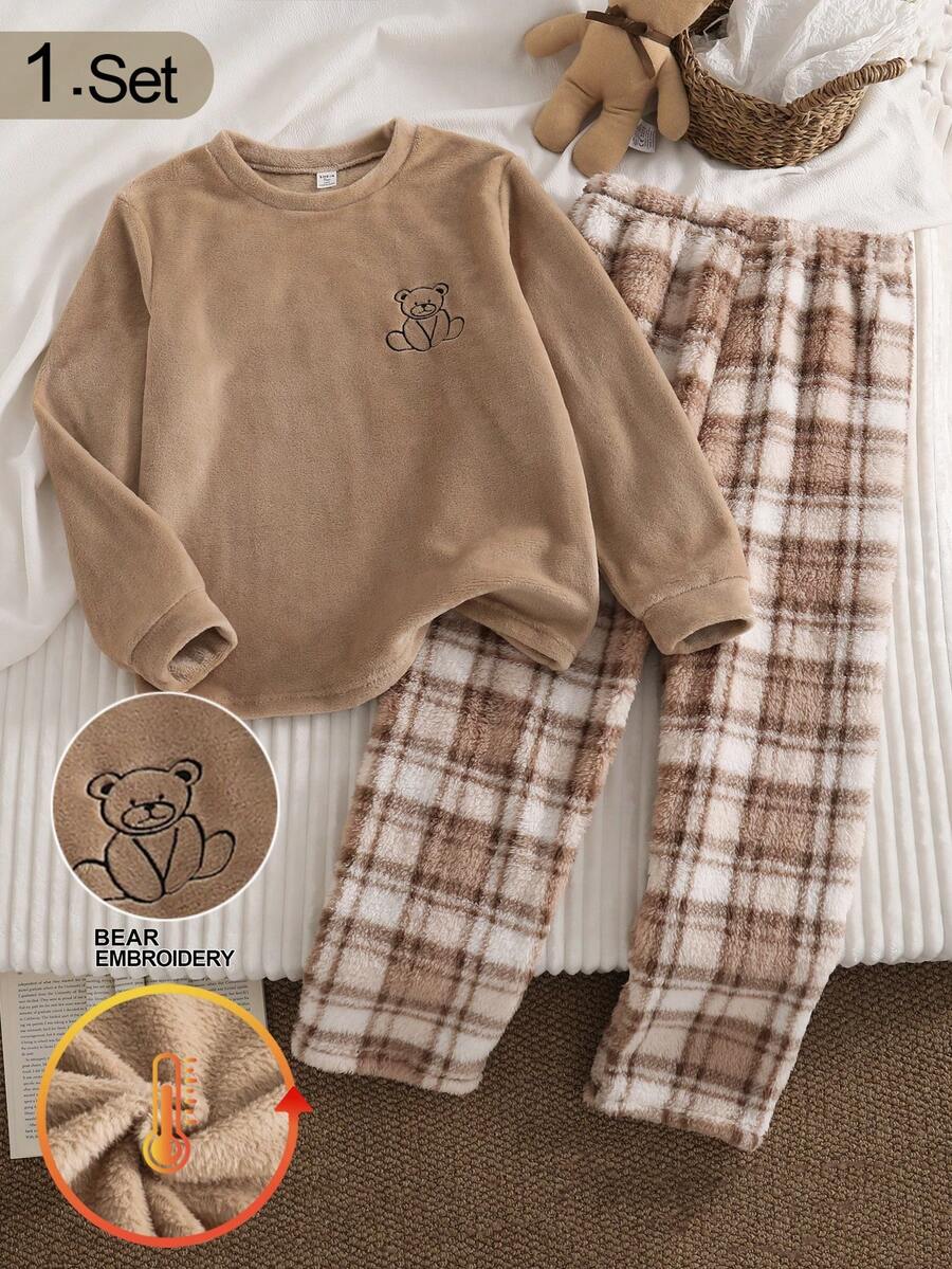 SHEIN 2pcs/Set Men's Round Neck Bear Embroidery Plaid Print Fuzzy Casual Long Sleeve Pants Warm Soft Fleece Loungewear Set Autumn - Apricot - View 1