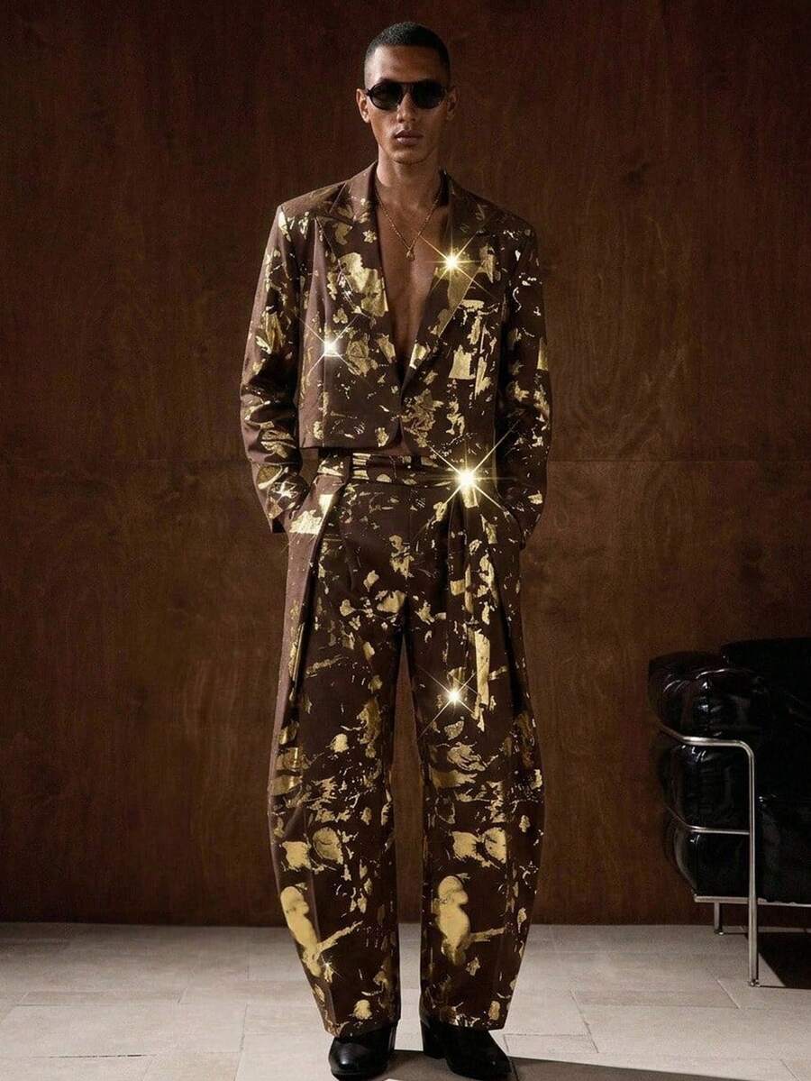 AKNOTIC Men's Gold Foil Long Sleeve Jacket And Pants Casual Commute Suit Set - Coffee Brown - View 1