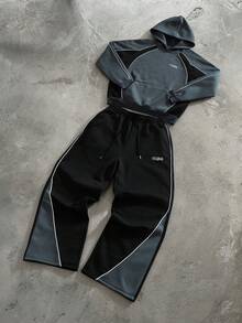 PAVTROS Men's Colorblock Patchwork Hoodie & Sweatpants Set - Dark Grey - View 3
