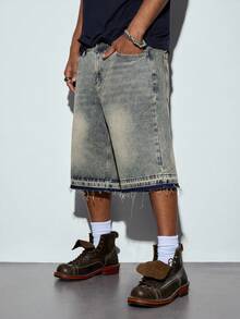 Modcrash Mud Yellow Washed Straight-Leg Cropped Jeans, With Frayed Hem Design, Featuring Distressed And Faded Effect, Vintage Casual Shorts - Mustard Yellow - View 1