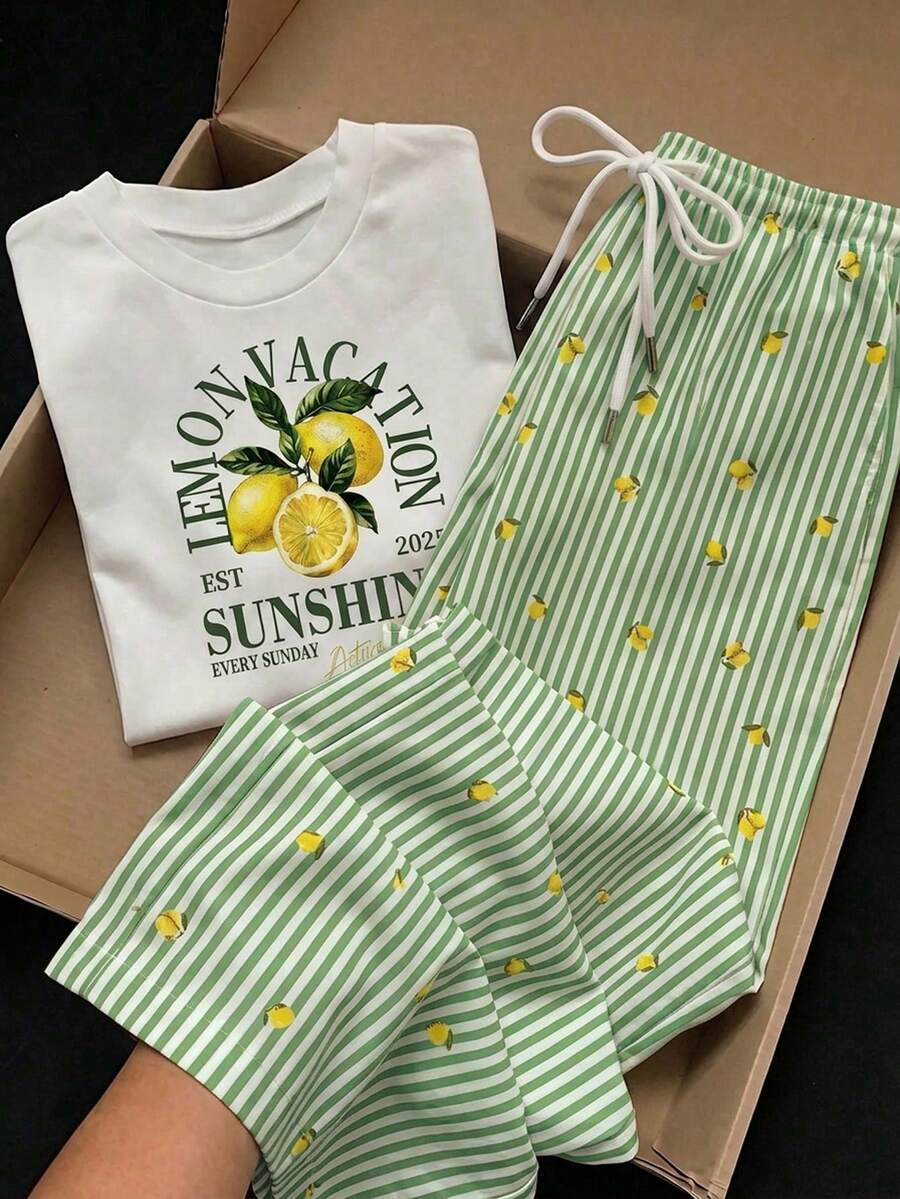 Comfortcana 2件組刺繡圓領短袖上衣與條紋印花長褲，休閒風 - 綠色 - 查看 1