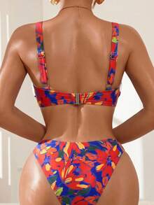 Swim DD+ 2026 Women's Spring/Summer Beach Vacation Elegant Tropical Romantic Sexy Floral Print Bikini Set, Push-Up Underwire Support, Removable Cups, Yellow - Multicolor - View 2