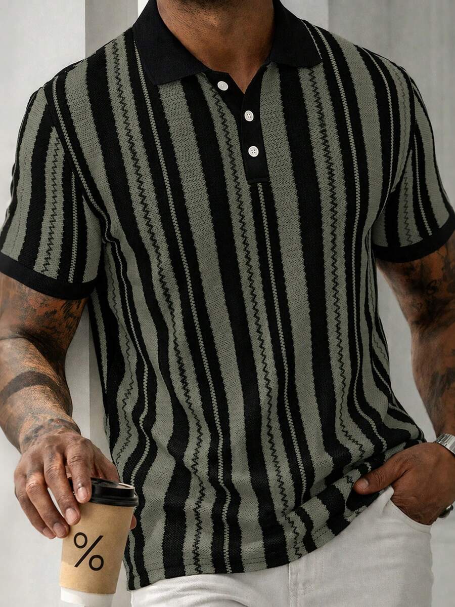 Manfinity CasualCool 男士休閒商務條紋設計 Polo 衫上衣,適合日常通勤穿著,百搭 - 薄荷綠 - 查看 1