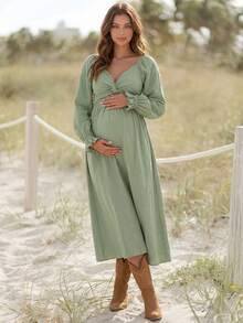 Boho Mama Maternity Solid Color Twisted Design Long Sleeve Elegant Maternity Casual Dress Beach Photoshoot Photoshoot Sage Green Autumn Fall - Green - View 13