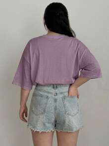 Dazy Plus Kaos Kasual Longgar Leher Bulat dengan Cetakan Huruf Grafis untuk Anak Perempuan, Atasan Lucu Musim Semi/Panas, Kaos Oversize untuk Wanita - Dusty Purple - View 6