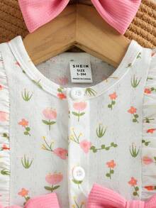 SHEIN 新生女嬰 2件組花卉棉質荷葉邊連身短褲套裝，甜美造型 - 淺粉色 - 查看 5