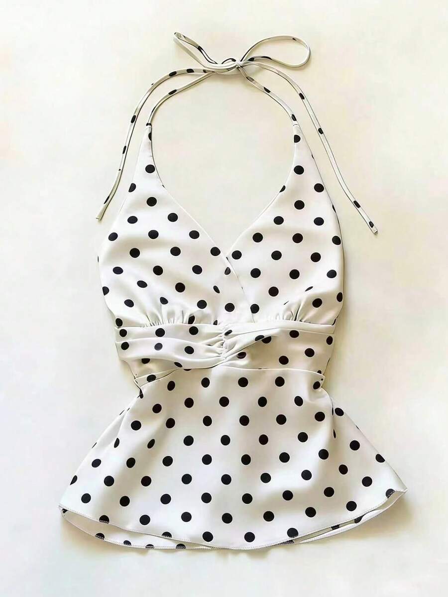 SHEIN Elegant Romantic Retro Floral Pattern Rhinestone Decor A-Line Halter Neck Top For Women - Apricot - View 1