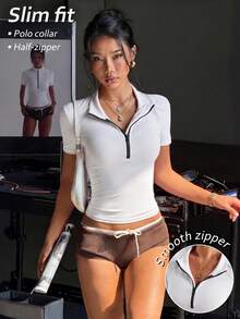 SHEIN Sovereign Charm 春夏女款運動運動衫，粉色修身拼接半拉鍊立領，前胸拼接編織織帶拼接，修身開衩線短袖，適合時尚休閒、跑步、瑜珈、健身房、網球、高爾夫 - 白色 - 查看 2