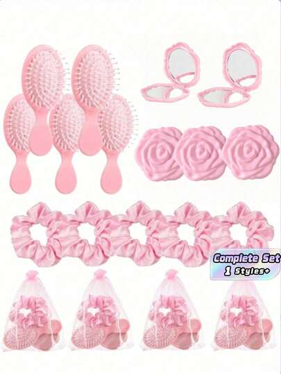 24Pcs/6Sets Pink Party Favor Sets For Weddings, Including Mirrors, Hair Combs, Mesh Gift Bags, Wedding Hair Accessories For Bridesmaids, Wedding Favors, Wedding Supplies, Back-To-School Gifts, Halloween And Christmas