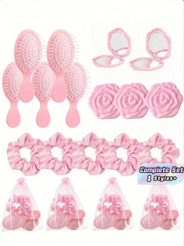 24Pcs/6Sets Pink Party Favor Sets For Weddings, Including Mirrors, Hair Combs, Mesh Gift Bags, Wedding Hair Accessories For Bridesmaids, Wedding Favors, Wedding Supplies, Back-To-School Gifts, Halloween And Christmas