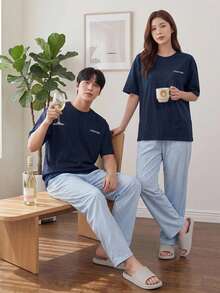 DAZY Men's Summer Letter Print T-Shirt And Plaid Pants Pajama Set - Multicolor - View 10