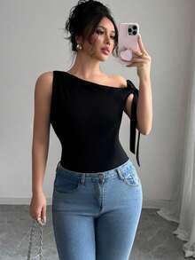 Elenzga Plus Size Women's Elegant Solid Color Asymmetrical Neck Fitted T-Shirt, Summer - Black - View 3