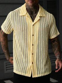 SLATEMANN Men's Solid Color Knit Jacquard Striped Textured Soft Summer Thin Loose Casual Vacation Short Sleeve Shirt - Yellow - View 5