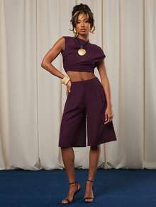 NYA SZN Matching Set Top And Short Sleeveless Loose Bubble Hem Cropped Pant High Waisted Rise Pocket Detail Purple Satin Outfits For Women - Purple - View 4