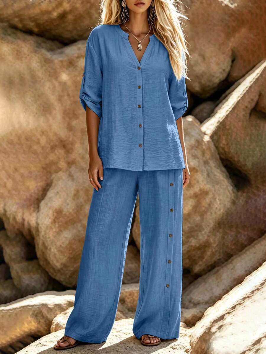 Linhara CURVE Plus Size Solid Color Shirt And Pants 2 Pieces Set, Casual Vacation Wear Formal Vacation Navy Blue Summer - Dusty Blue - View 1