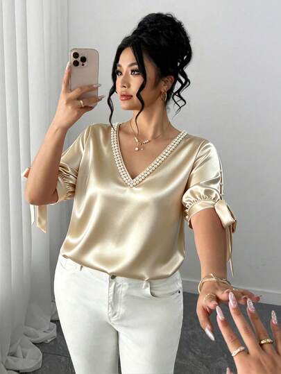 Elenzga Blusa elegante y de moda con hombros descubiertos, cuello en V, lazo, manga media y perlas, talla grande para mujer