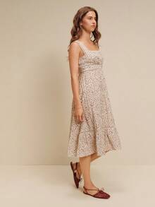 lacRébo Floral Print Short Cap Sleeves Square Neck Loose Fit Midi Dress With Lace Detail Summer Holiday Boho - Apricot - View 6