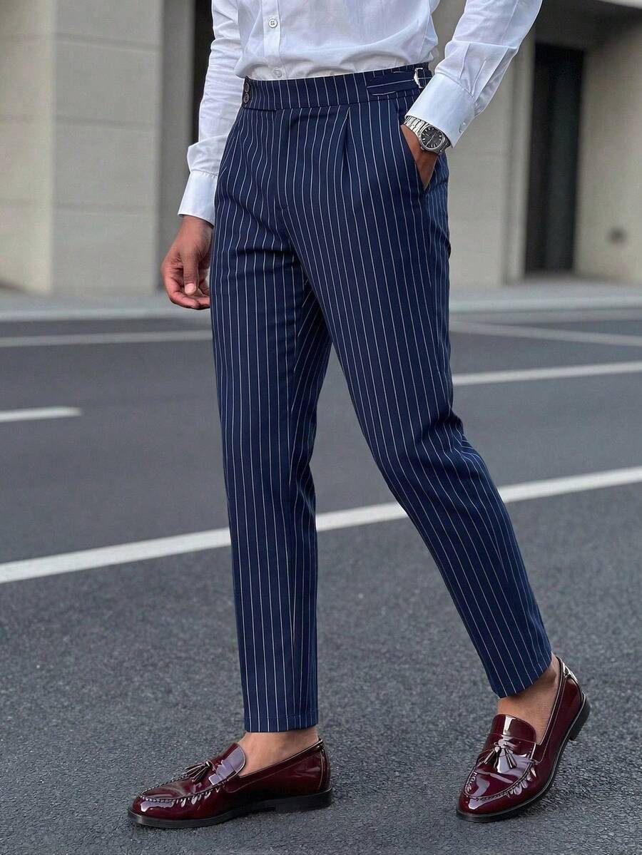 Manfinity Mode Men's Plus Size Button Pocket Striped Dress Pants, Formal, Old Money - Navy Blue - View 1