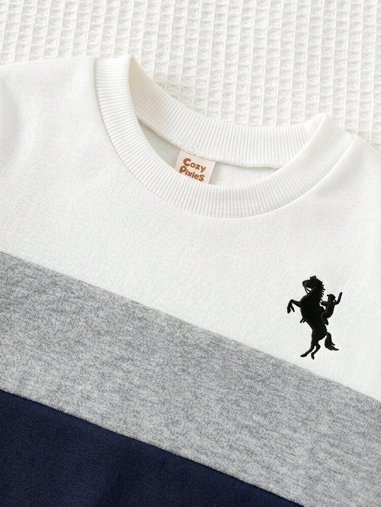 Cozy Pixies Kids Baby Boy Contrast Color Crew Neck Long Sleeve Pullover Sweatshirt, Versatile Comfortable In Autumn/ School - Multicolor - View 5