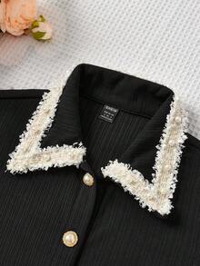 SHEIN Mommy And Me Matching Cute Elegant Elastic Knitted Color Blocking Ruffle Faux Pearl Button Collar Long Sleeve Dress, Suitable For Party, Outing, Birthday - Black - View 3