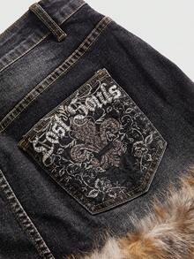 ROMWE Fairycore Rok Mini Denim Bulu Imitasi Motif Leopard Ukuran Besar dengan Bordir dan Hiasan Berlian Imitasi - Hitam - View 5