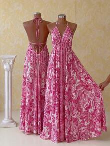 Linhara CURVE Böhmisches Blumen-Spaghetti-Träger-Rückenfrei-Bindekleid in Midi-Länge, fließendes Sommer-Urlaubskleid - Pink - Übersicht 3