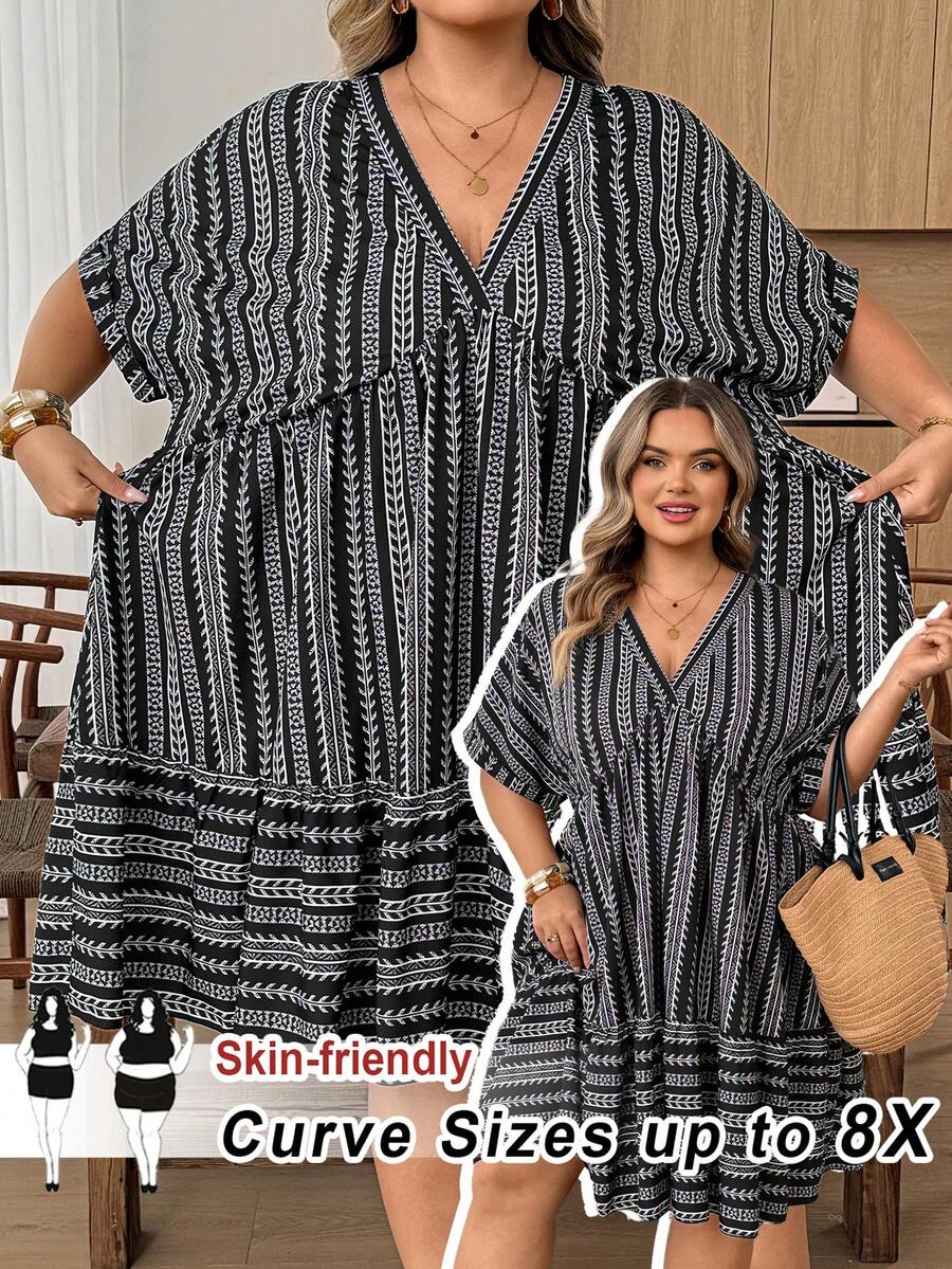 SHEIN CURVE+ 大尺碼女款深V領拼接色抓皺休閒夏季洋裝 - 黑與白 - 查看 1