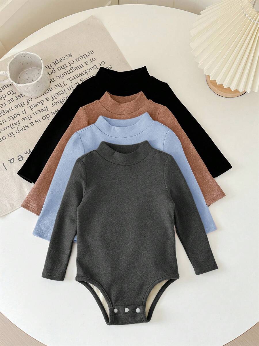 SHEIN LMoss Kids LMoss 女嬰 4件組可愛針織純色長袖連身衣,適合秋冬穿著 - 霧霾藍 - 查看 1