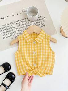 SHEIN 少女編織條紋修身休閒短版襯衫 - 黃色 - 查看 5