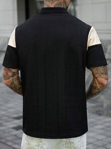 EGENSIO 男士拼色休閒通勤短袖 Polo 衫 - 黑色 - 查看 2