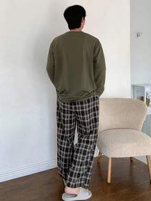 DAZY Conjunto de pijama con camiseta estampada con letras y pantalón a cuadros para hombres, ropa de primavera/otoño, otoño e invierno - Verde militar - Ver 3