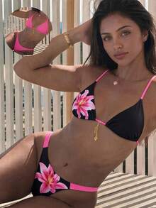 Swim Mod Ensemble de bikini réversible à nœud papillon, imprimé de pois contrastés, à la mode mode vacances bord de mer, doux et mignon pour femmes - Multicolore - Voir 1