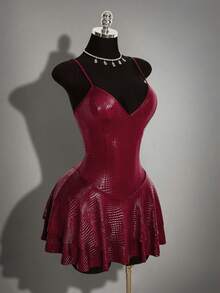 SHEIN ICON Women's Solid Color PU Leather Fashion Date Birthday Club Night Out Rave Party Mini Cami Dress Burgundy Autumn Sexy Halloween - Burgundy - View 9