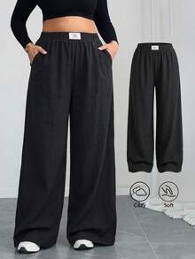 SHEIN Tall CURVE CURVE 大尺碼女款寬腿寬鬆長褲 黑色 秋季休閒 傳統高個女孩字母刺繡 高腰口袋 居家晚餐辦公 - 黑色 - 查看 1
