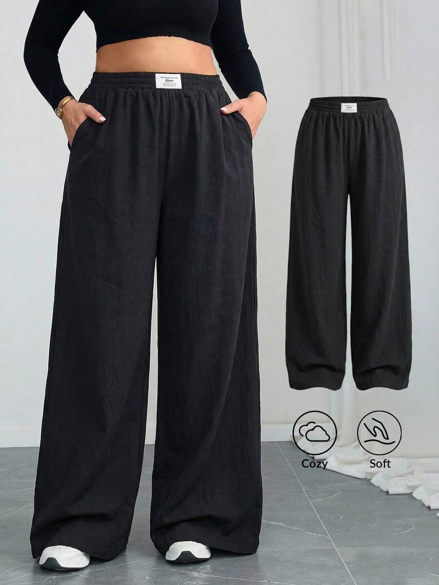 SHEIN Tall CURVE CURVE 大尺碼女款寬腿寬鬆長褲 黑色 秋季休閒 傳統高個女孩字母刺繡 高腰口袋 居家晚餐辦公 - 黑色 - 查看 1