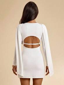 SHEIN BAE Vestido blanco básico minimalista sin mangas con cuello de chal ajustado para mujer, vestido blanco, vestido de invitada de boda para mujer, vestido de graduación, atuendo de oficina para mujer, vestido de cachemira - Blanco - Ver 3