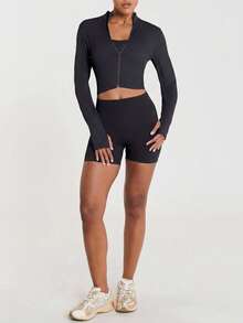 11SKNDS Jaket Crop Bergaris dengan Resleting Penuh, Kerah Tinggi, Lengan Panjang, Manset Lubang Jempol, Kain Elastis yang Pas di Badan, Ideal untuk Lapisan Kasual Aktif Sepanjang Musim - Hitam - View 4