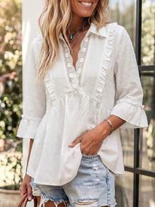 SHEIN LilyWest Standard Size Elegant Women's White Flocked Polka Dot Deep V-Neck Lace Trim Patchwork Jacquard Polka Dot Chiffon Fabric Blouse For Daily Casual / Shopping / Cafe / Light Commute / Casual Workplace / Light Date / Best Friend Afternoon Tea / Small Gathering / Vacation / Travel / Ancient Town Check-In And More - White - View 1