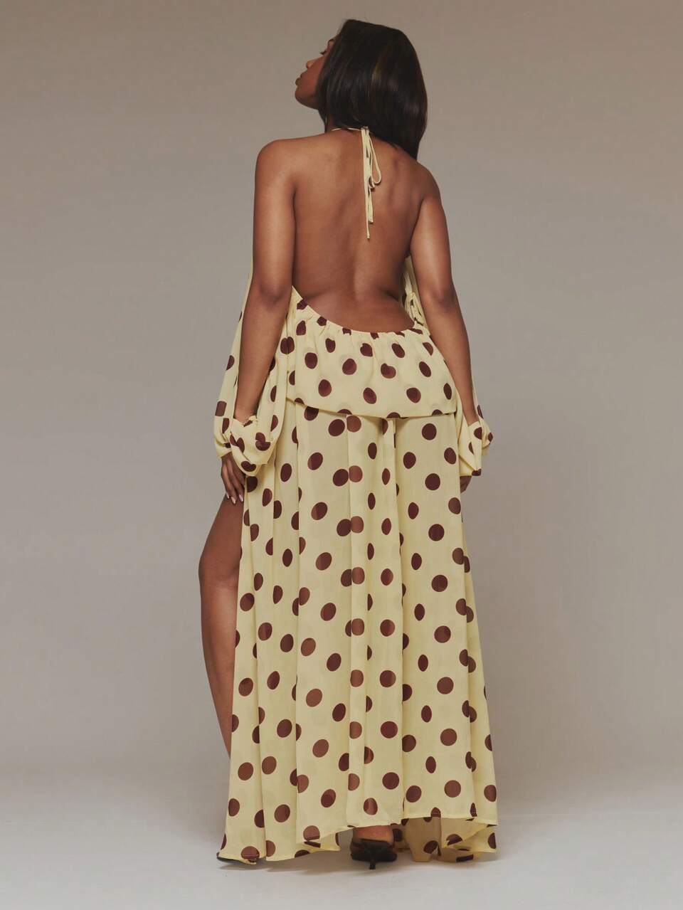 Cream And Brown Polka Dot Pleated Chiffon Open Sleeve Maxi Dress