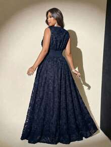 Viva Relle Plus Size V-Neck Lace Cinched Waist Elegant Dress - Navy Blue - View 9