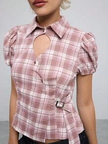 COUREZ Tie Side Puff Sleeve Shirt With Front Cut Out In Pink Check / Y2K Autumn Clothes Summer Outfits For Women Going Out Outfits Fall Shirts Going Out Top - Multicolor - View 8