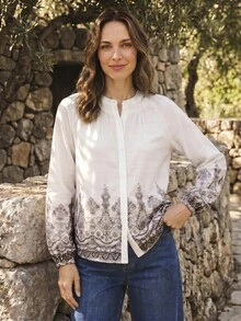 Dayvera Women's Floral Print Raglan Long Sleeve Single-Breasted Casual Boho Shirt For Vacation Brunch Off White Autumn - Multicolor - View 3