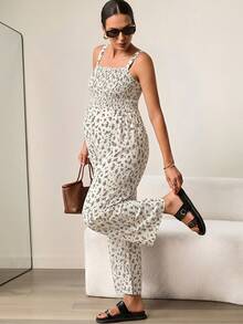 MaterniWear Maternity Casual Vacation Style Ditsy Floral Shirred Bodice Spaghetti Strap Wide Leg Jumpsuit - White - View 5