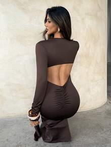 Aloruh Dark Brown Autumn/Winter Sexy Mature Elegant Deep V-Neck Party Dinner Night Bar Dress With Metallic Decor And Ribbon Accents Fitted Dress For Women - Brown - View 2