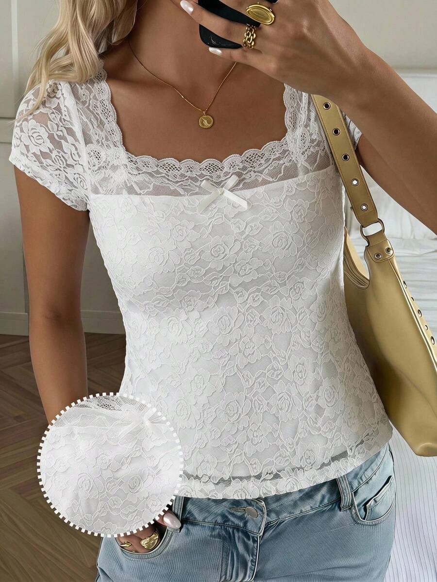 Teen Girls Elegant Solid Color Lace Bowknot Decor Suitable For Outings T-Neckline Blouse - Beige - View 1