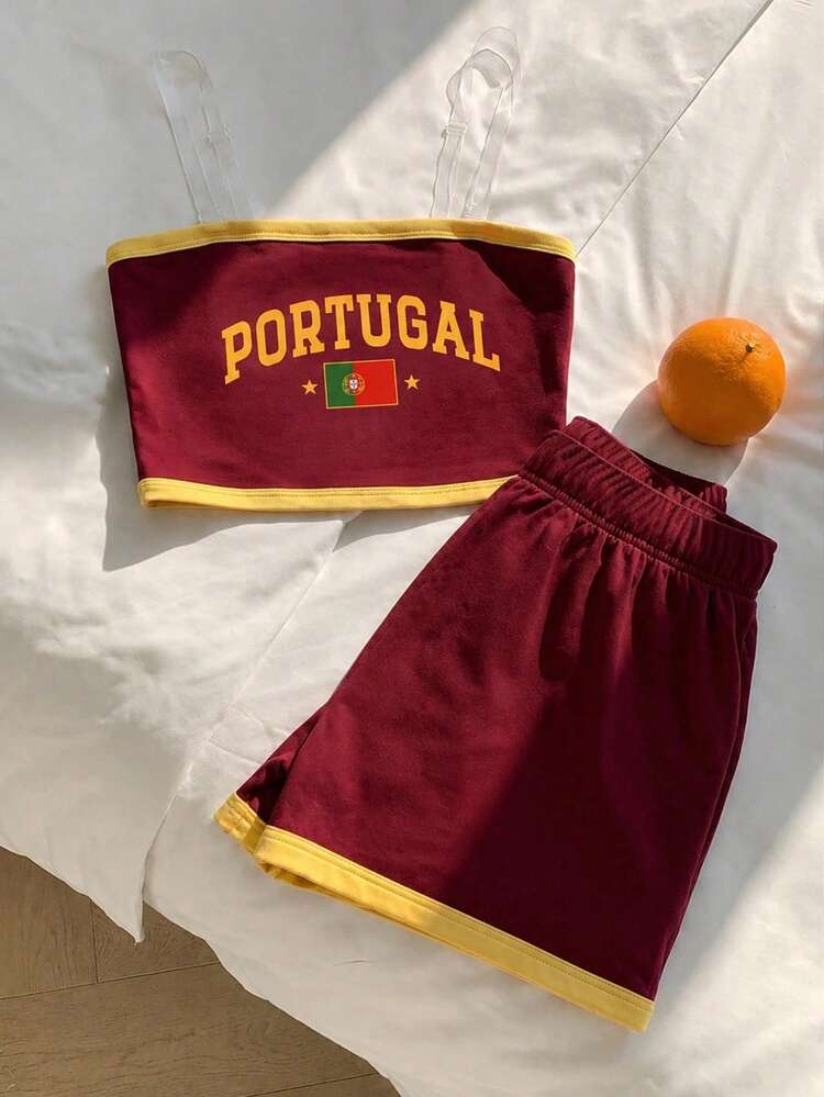 Tween Girl Tween Girls Casual Minimalist Portugal Print Tube Top And Shorts Set, Suitable For Summer World Cup - Multicolor - View 4